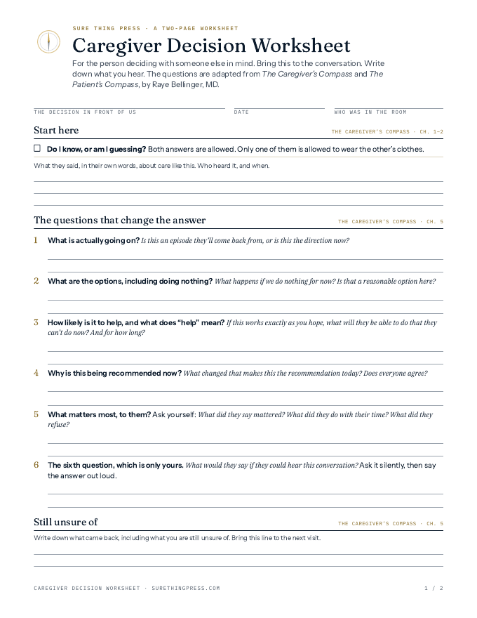 Preview of the Caregiver Decision Worksheet, a two-page printable